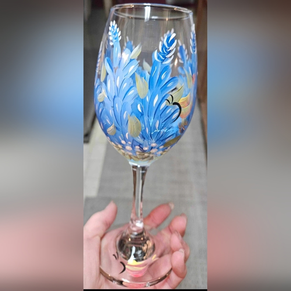 Beautifully Hand Painted Signed by Artist Bluebonnet Wine Glass
